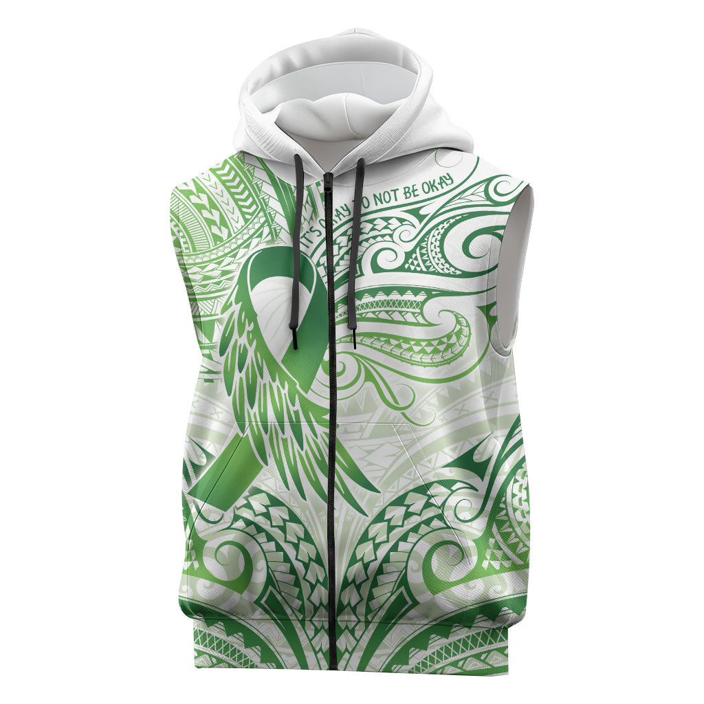 Its Okay Green Ribbon Personalised Sleeveless Zip Hoodie Polynesian Depression Support Hope And Healing