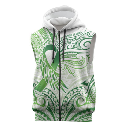 Its Okay Green Ribbon Personalised Sleeveless Zip Hoodie Polynesian Depression Support Hope And Healing
