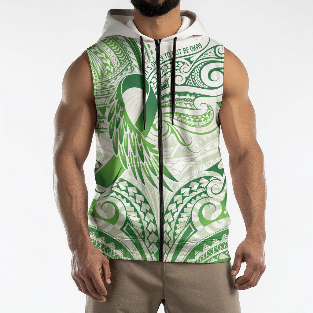 Its Okay Green Ribbon Personalised Sleeveless Zip Hoodie Polynesian Depression Support Hope And Healing