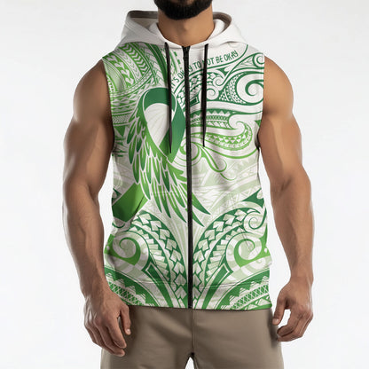 Its Okay Green Ribbon Personalised Sleeveless Zip Hoodie Polynesian Depression Support Hope And Healing