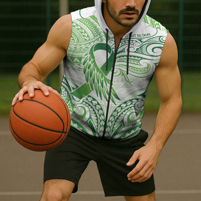Its Okay Green Ribbon Personalised Sleeveless Zip Hoodie Polynesian Depression Support Hope And Healing