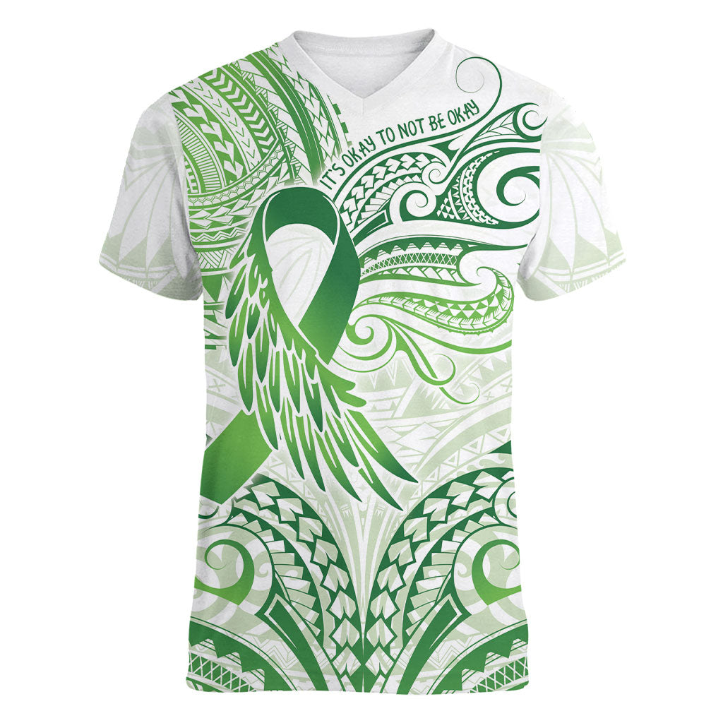 Its Okay Green Ribbon Personalised Women V-Neck T-Shirt Polynesian Depression Support Hope And Healing
