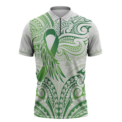 Its Okay Green Ribbon Personalised Zipper Polo Shirt Polynesian Depression Support Hope And Healing