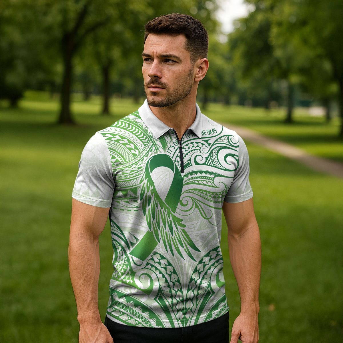 Its Okay Green Ribbon Personalised Zipper Polo Shirt Polynesian Depression Support Hope And Healing