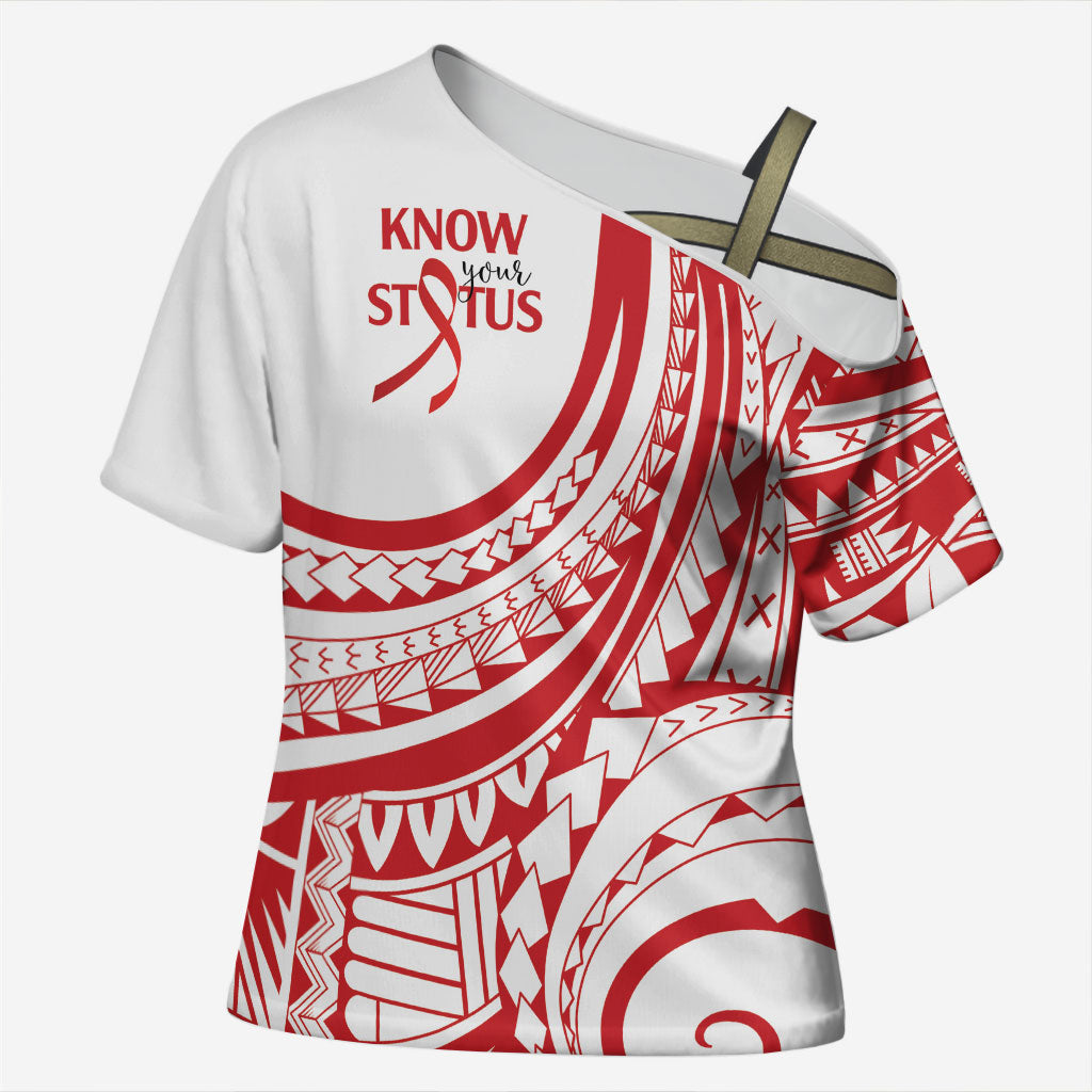 Know Your Status Red Ribbon Personalised Cross Shoulder Shirt Polynesian AIDS Support Red Ribbon Hope