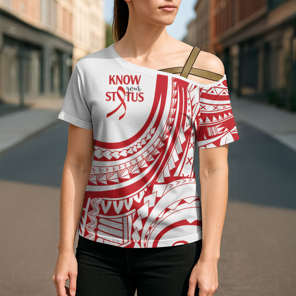 Know Your Status Red Ribbon Personalised Cross Shoulder Shirt Polynesian AIDS Support Red Ribbon Hope