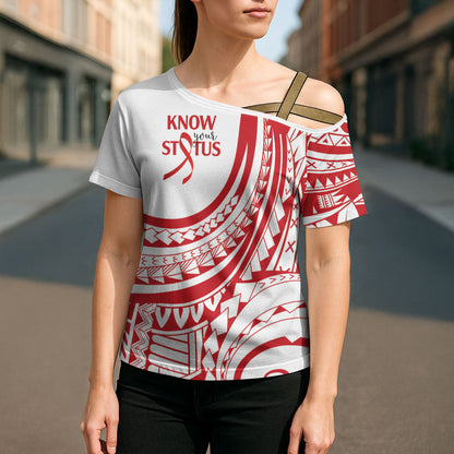 Know Your Status Red Ribbon Personalised Cross Shoulder Shirt Polynesian AIDS Support Red Ribbon Hope