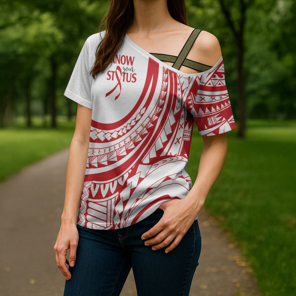 Know Your Status Red Ribbon Personalised Cross Shoulder Shirt Polynesian AIDS Support Red Ribbon Hope