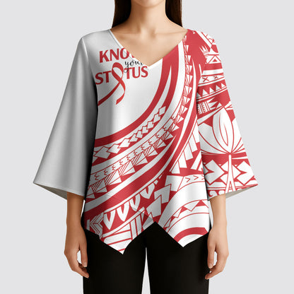 Know Your Status Red Ribbon Personalised Kimono Sleeve Blouse Polynesian AIDS Support Red Ribbon Hope