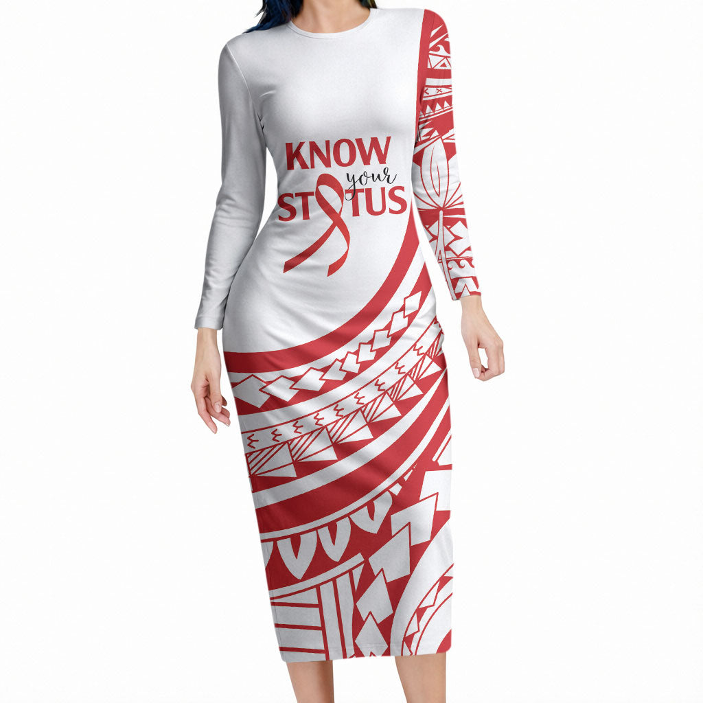 Know Your Status Red Ribbon Personalised Long Sleeve Bodycon Dress Polynesian AIDS Support Red Ribbon Hope