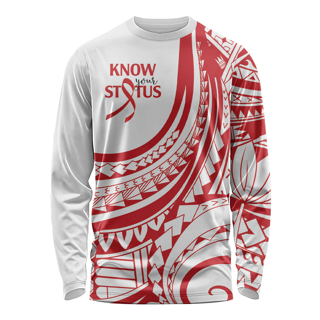 Know Your Status Red Ribbon Personalised Long Sleeve Shirt Polynesian AIDS Support Red Ribbon Hope