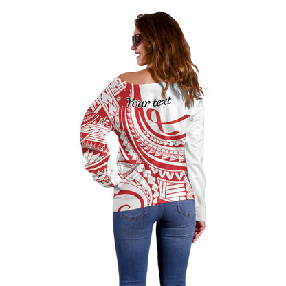 Know Your Status Red Ribbon Personalised Off Shoulder Sweater Polynesian AIDS Support Red Ribbon Hope