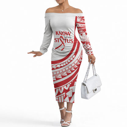 Know Your Status Red Ribbon Personalised Off The Shoulder Long Sleeve Dress Polynesian AIDS Support Red Ribbon Hope