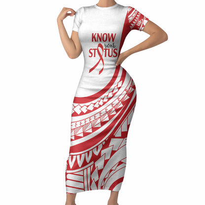 Know Your Status Red Ribbon Personalised Short Sleeve Bodycon Dress Polynesian AIDS Support Red Ribbon Hope