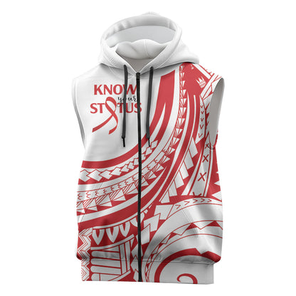 Know Your Status Red Ribbon Personalised Sleeveless Zip Hoodie Polynesian AIDS Support Red Ribbon Hope