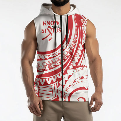 Know Your Status Red Ribbon Personalised Sleeveless Zip Hoodie Polynesian AIDS Support Red Ribbon Hope