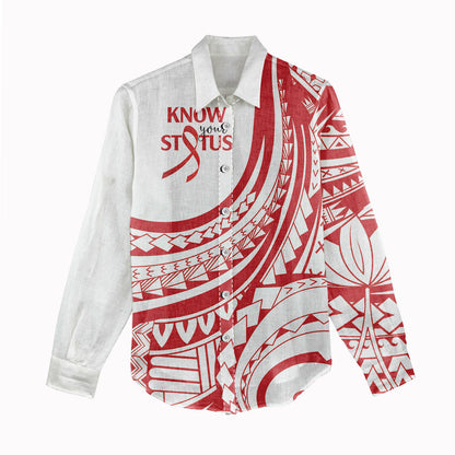 Know Your Status Red Ribbon Personalised Women Casual Shirt Polynesian AIDS Support Red Ribbon Hope