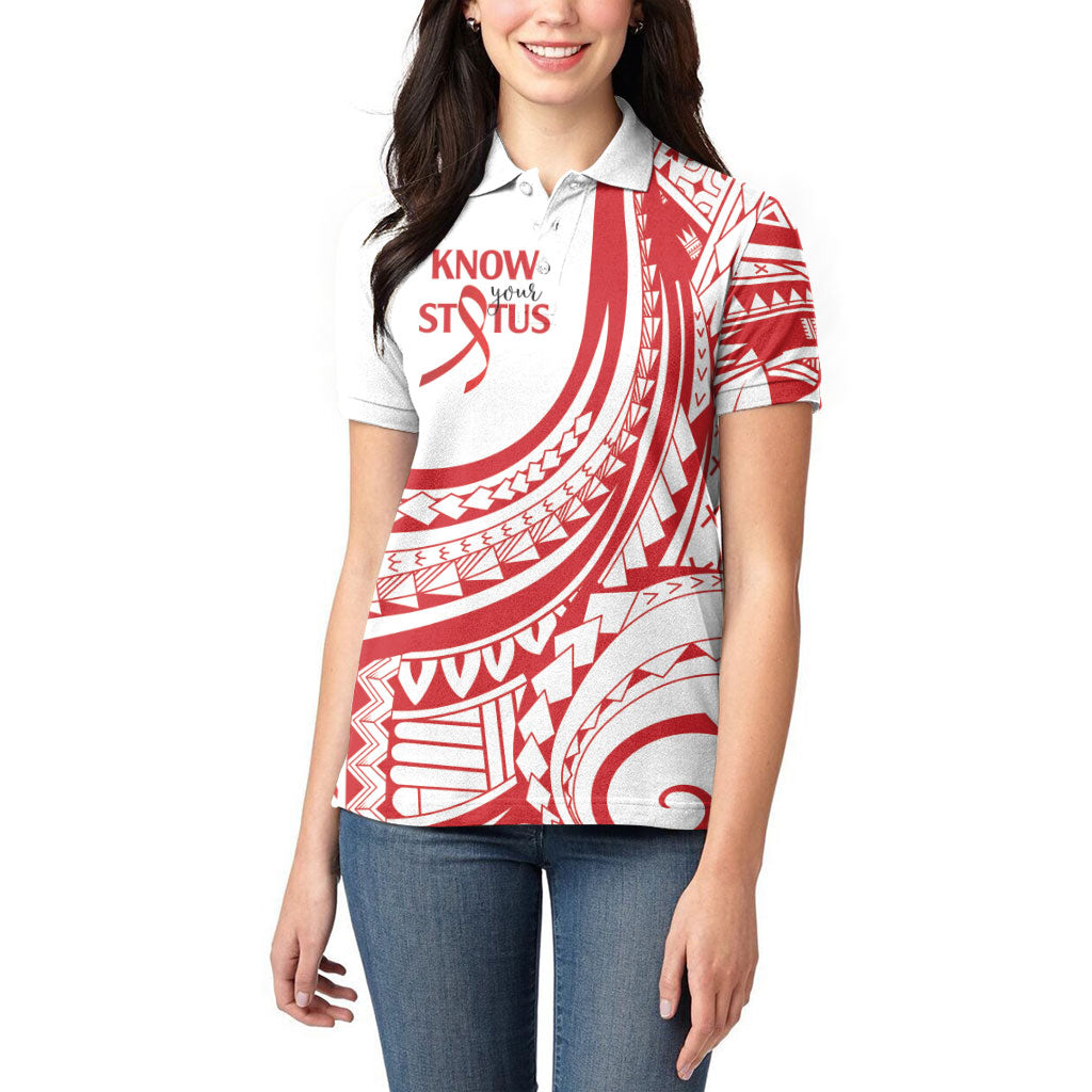 Know Your Status Red Ribbon Personalised Women Polo Shirt Polynesian AIDS Support Red Ribbon Hope