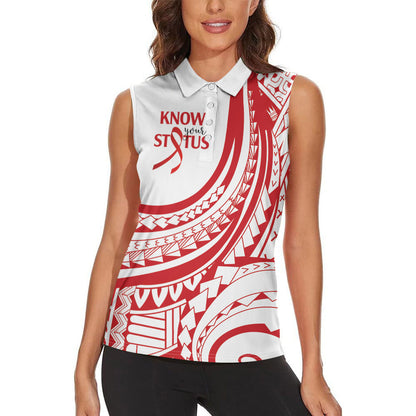 Know Your Status Red Ribbon Personalised Women Sleeveless Polo Shirt Polynesian AIDS Support Red Ribbon Hope