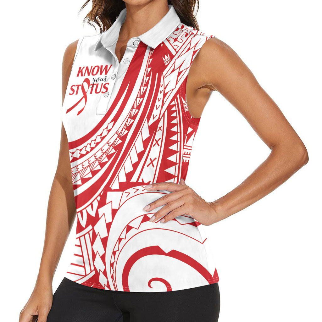 Know Your Status Red Ribbon Personalised Women Sleeveless Polo Shirt Polynesian AIDS Support Red Ribbon Hope