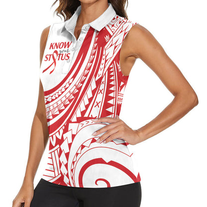 Know Your Status Red Ribbon Personalised Women Sleeveless Polo Shirt Polynesian AIDS Support Red Ribbon Hope