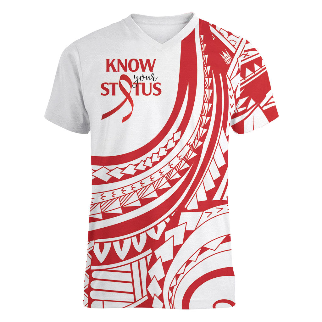 Know Your Status Red Ribbon Personalised Women V-Neck T-Shirt Polynesian AIDS Support Red Ribbon Hope