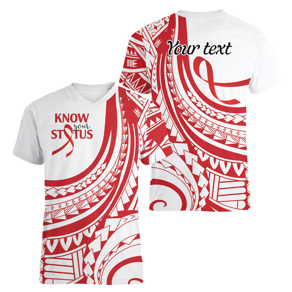 Know Your Status Red Ribbon Personalised Women V-Neck T-Shirt Polynesian AIDS Support Red Ribbon Hope