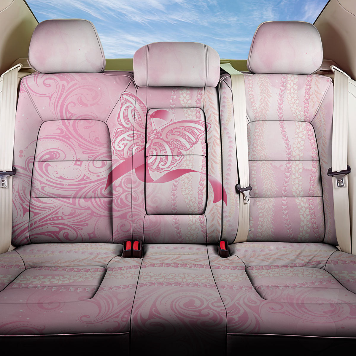 Hawaii Breast Cancer Support Back Car Seat Cover Maile Pikake Lokelani Crown Flower Lei Inspired