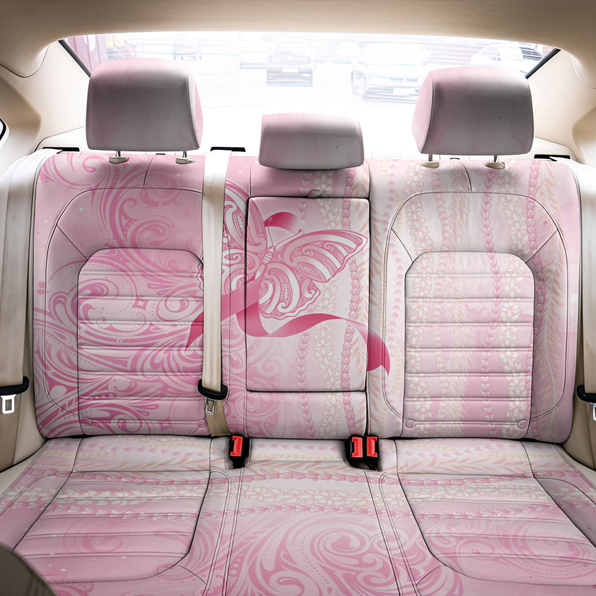 Hawaii Breast Cancer Support Back Car Seat Cover Maile Pikake Lokelani Crown Flower Lei Inspired