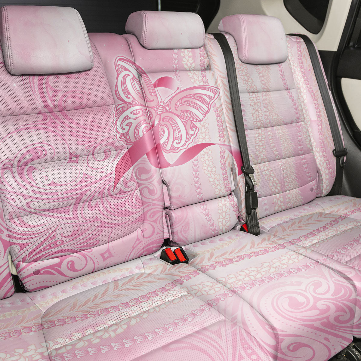 Hawaii Breast Cancer Support Back Car Seat Cover Maile Pikake Lokelani Crown Flower Lei Inspired