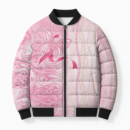 Hawaii Breast Cancer Support Bomber Puffer Jacket Maile Pikake Lokelani Crown Flower Lei Inspired
