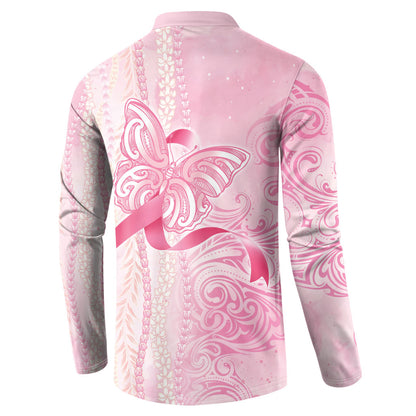 Hawaii Breast Cancer Support Button Sweatshirt Maile Pikake Lokelani Crown Flower Lei Inspired