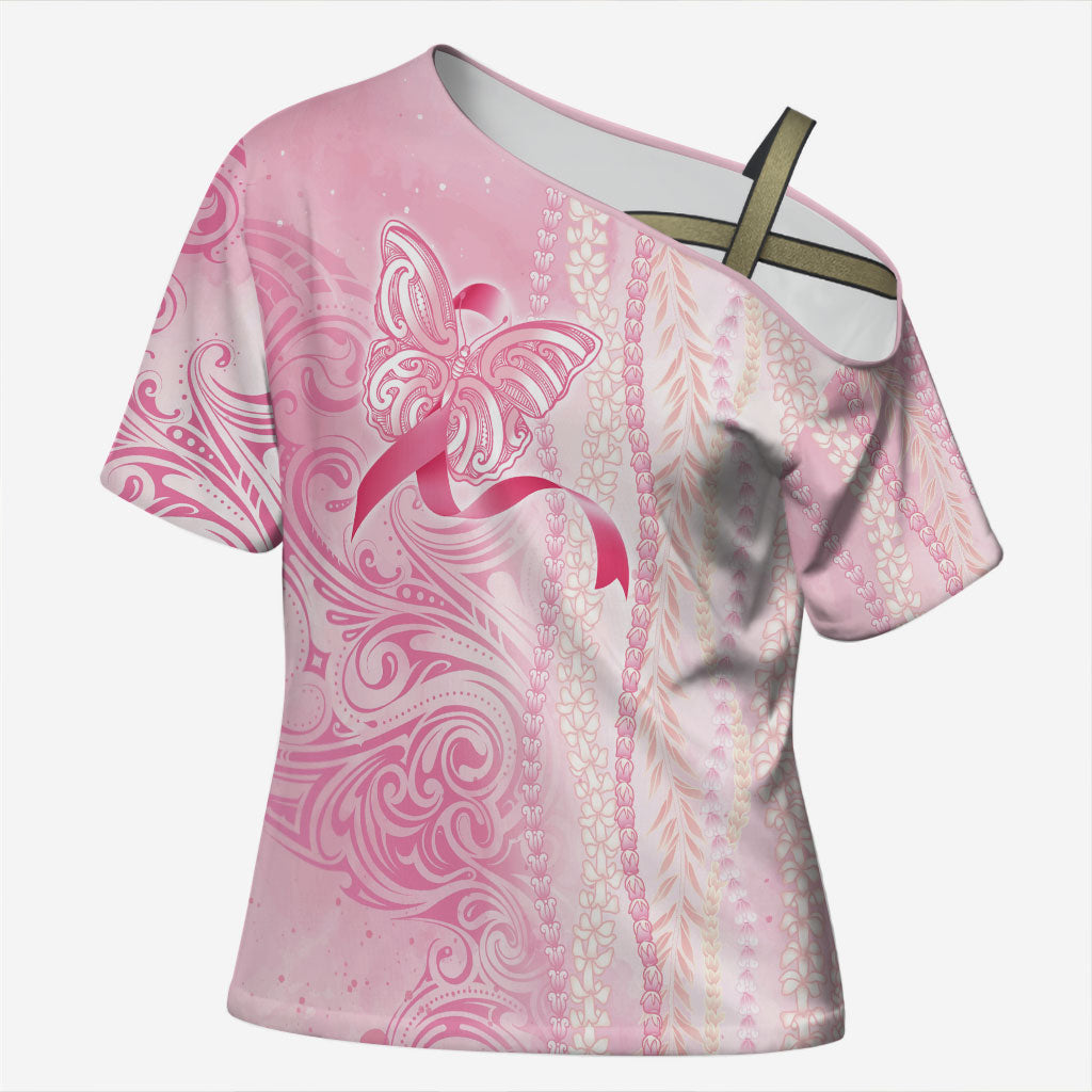 Hawaii Breast Cancer Support Cross Shoulder Shirt Maile Pikake Lokelani Crown Flower Lei Inspired