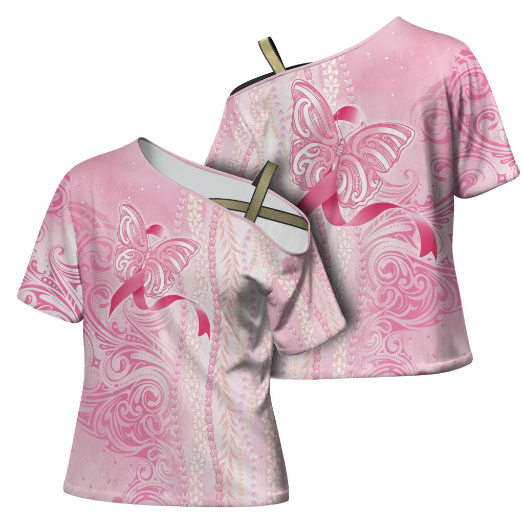 Hawaii Breast Cancer Support Cross Shoulder Shirt Maile Pikake Lokelani Crown Flower Lei Inspired