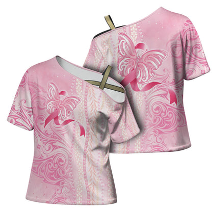 Hawaii Breast Cancer Support Cross Shoulder Shirt Maile Pikake Lokelani Crown Flower Lei Inspired