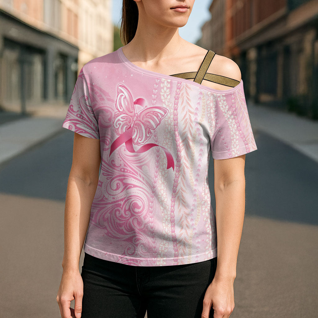 Hawaii Breast Cancer Support Cross Shoulder Shirt Maile Pikake Lokelani Crown Flower Lei Inspired