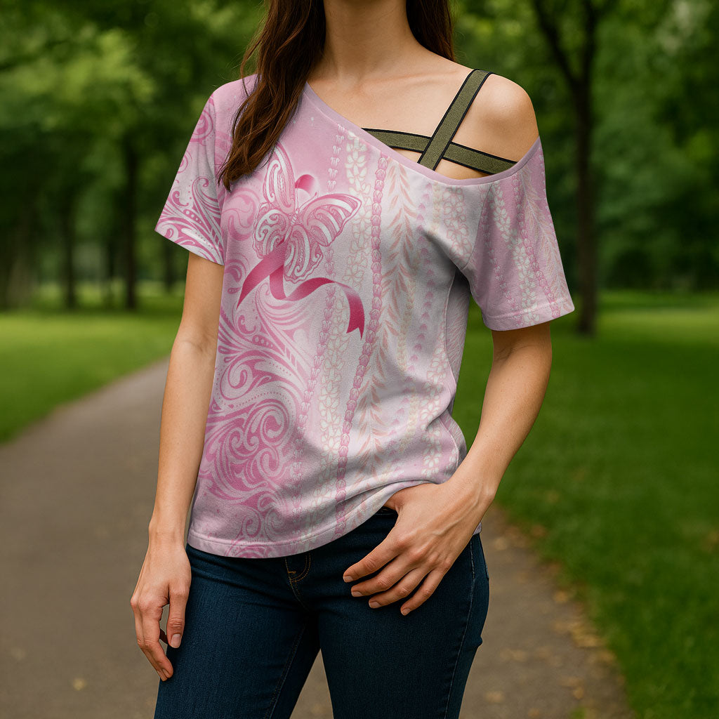 Hawaii Breast Cancer Support Cross Shoulder Shirt Maile Pikake Lokelani Crown Flower Lei Inspired