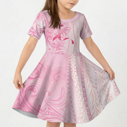 Hawaii Breast Cancer Support Kid Short Sleeve Dress Maile Pikake Lokelani Crown Flower Lei Inspired