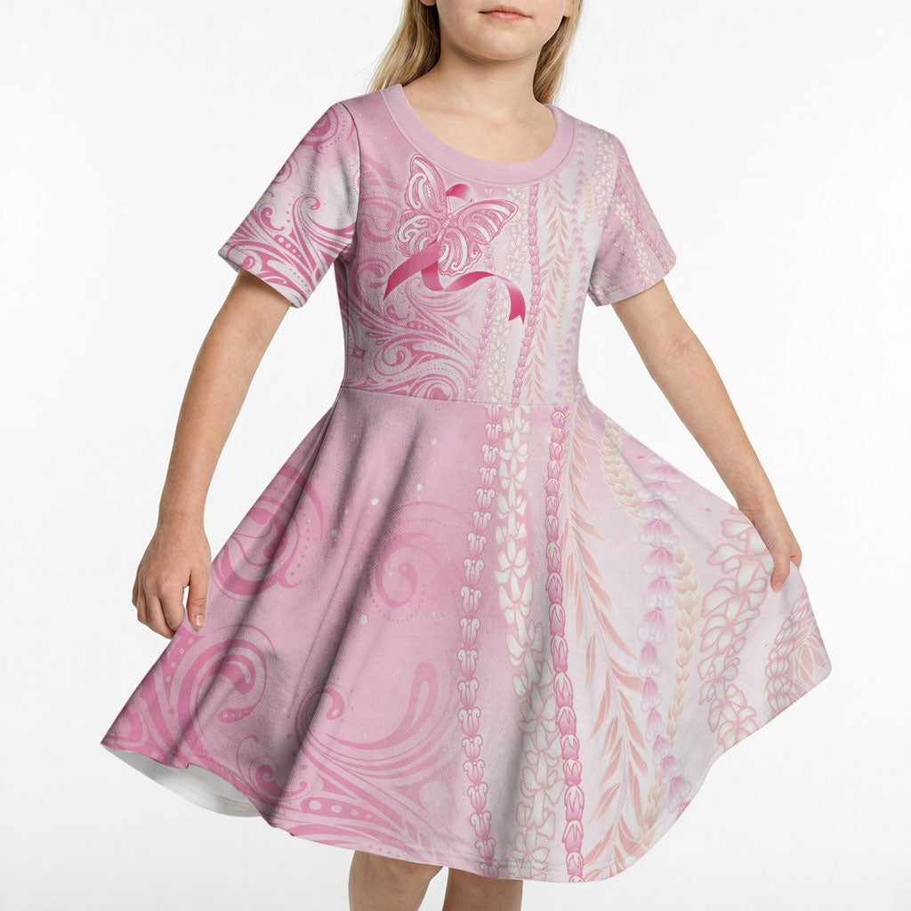 Hawaii Breast Cancer Support Kid Short Sleeve Dress Maile Pikake Lokelani Crown Flower Lei Inspired