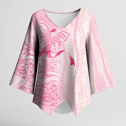 Hawaii Breast Cancer Support Kimono Sleeve Blouse Maile Pikake Lokelani Crown Flower Lei Inspired