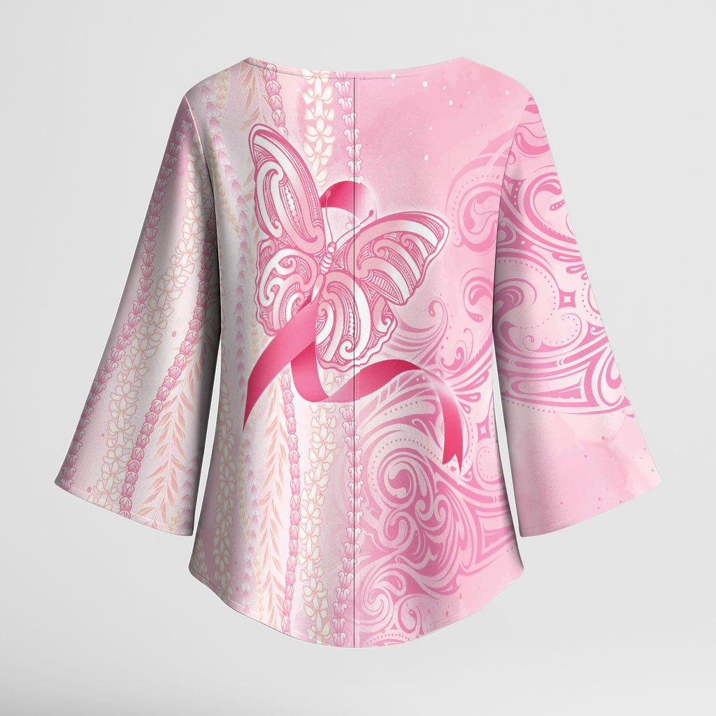 Hawaii Breast Cancer Support Kimono Sleeve Blouse Maile Pikake Lokelani Crown Flower Lei Inspired