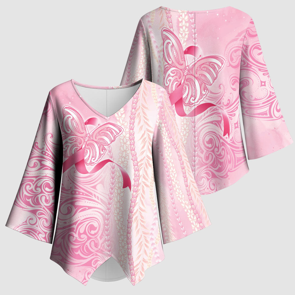 Hawaii Breast Cancer Support Kimono Sleeve Blouse Maile Pikake Lokelani Crown Flower Lei Inspired