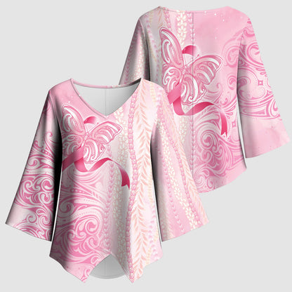 Hawaii Breast Cancer Support Kimono Sleeve Blouse Maile Pikake Lokelani Crown Flower Lei Inspired
