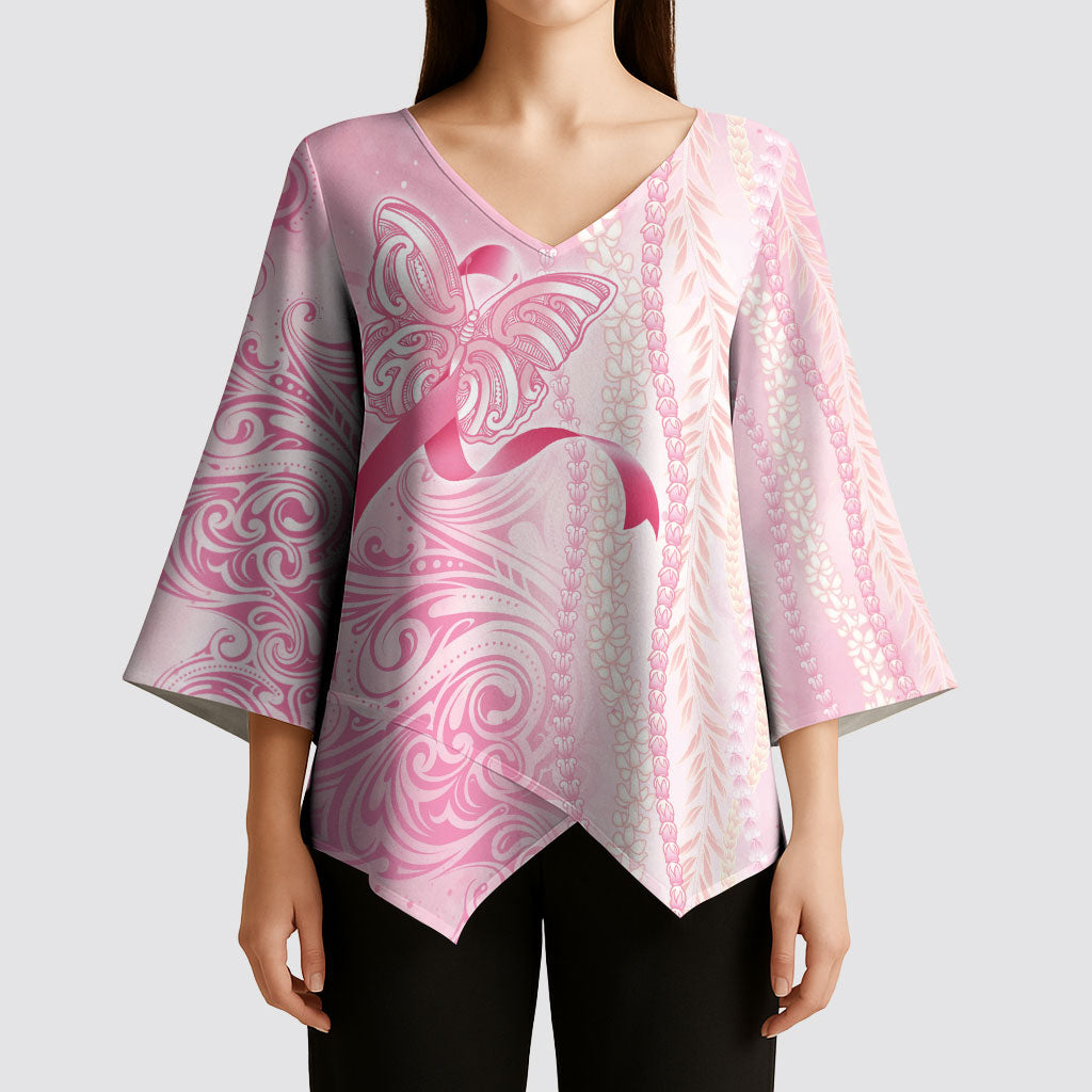 Hawaii Breast Cancer Support Kimono Sleeve Blouse Maile Pikake Lokelani Crown Flower Lei Inspired