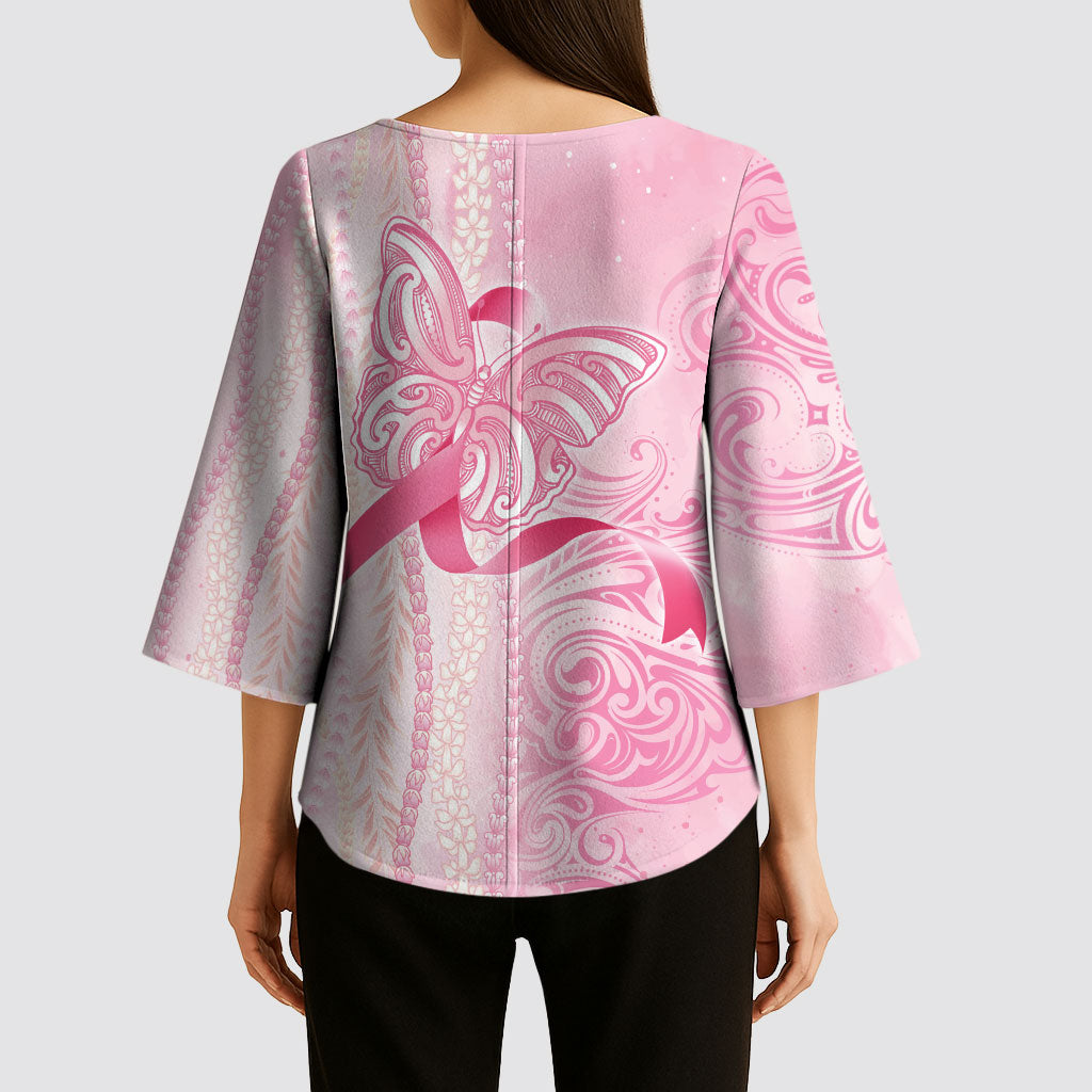 Hawaii Breast Cancer Support Kimono Sleeve Blouse Maile Pikake Lokelani Crown Flower Lei Inspired