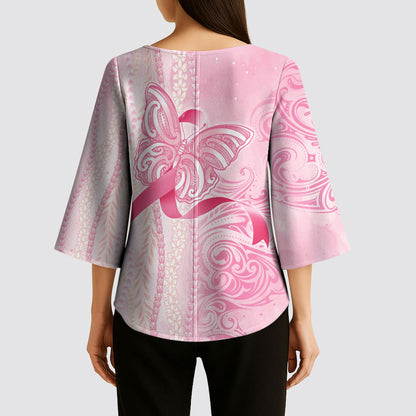 Hawaii Breast Cancer Support Kimono Sleeve Blouse Maile Pikake Lokelani Crown Flower Lei Inspired