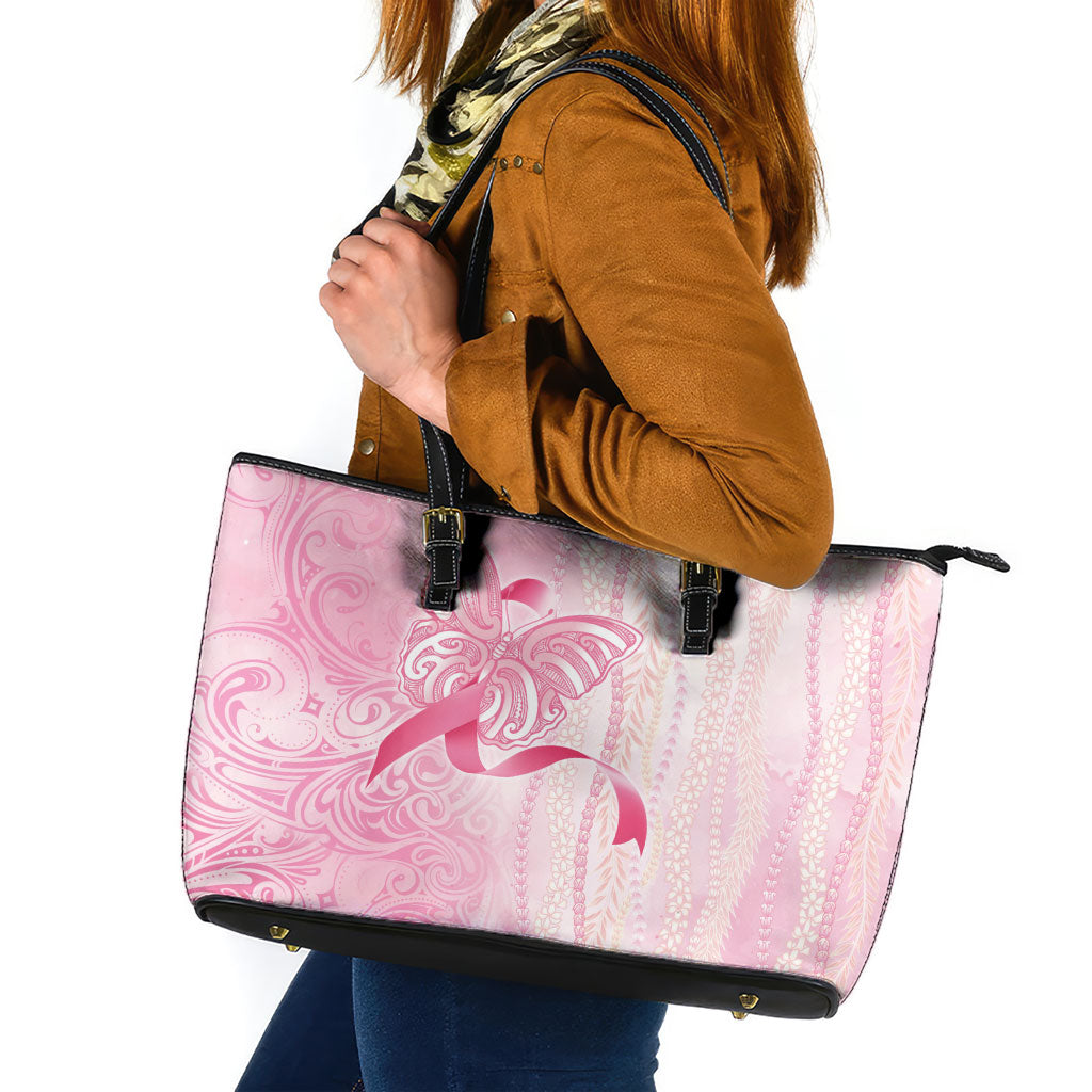 Hawaii Breast Cancer Support Leather Tote Bag Maile Pikake Lokelani Crown Flower Lei Inspired