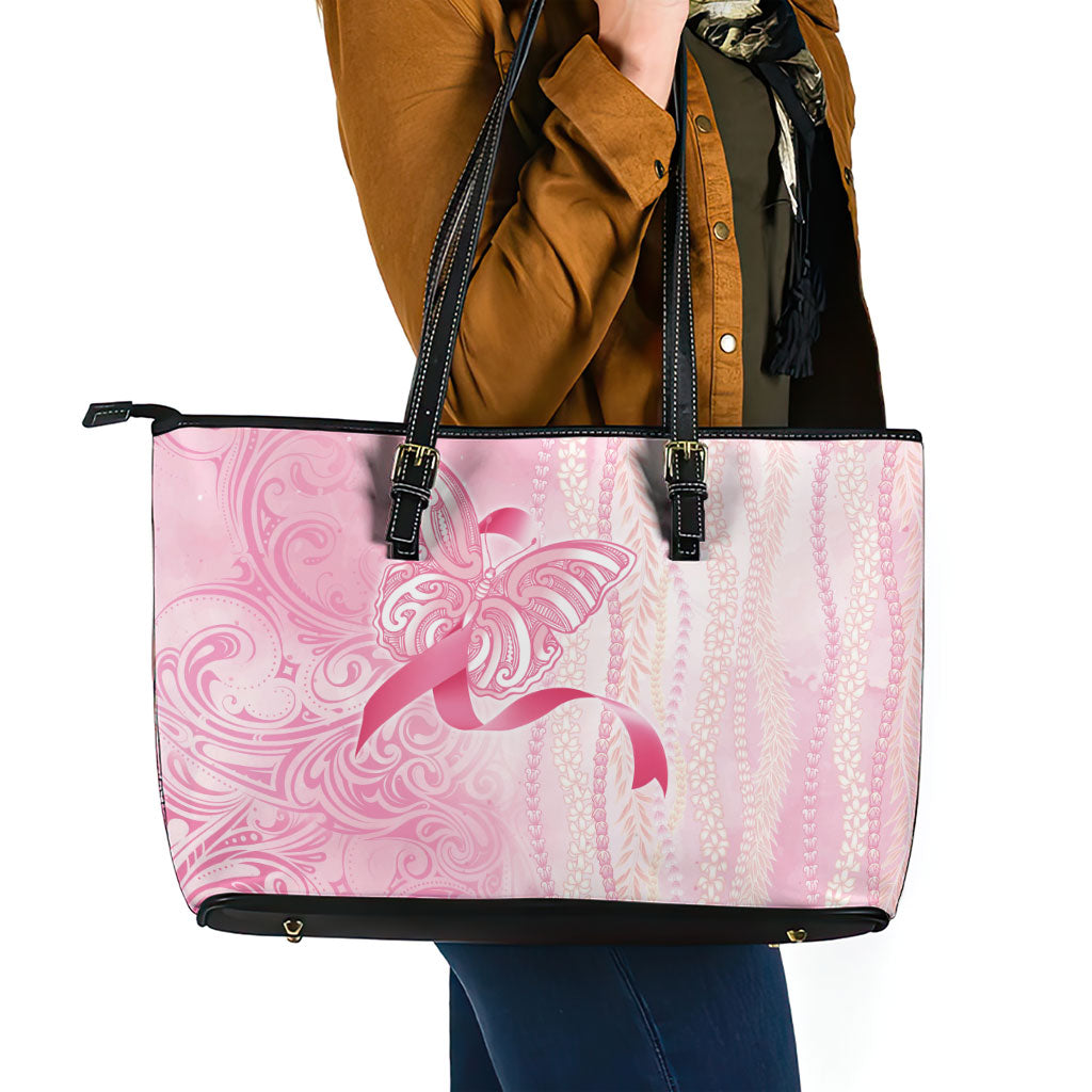 Hawaii Breast Cancer Support Leather Tote Bag Maile Pikake Lokelani Crown Flower Lei Inspired