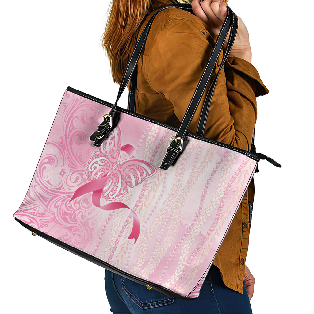 Hawaii Breast Cancer Support Leather Tote Bag Maile Pikake Lokelani Crown Flower Lei Inspired