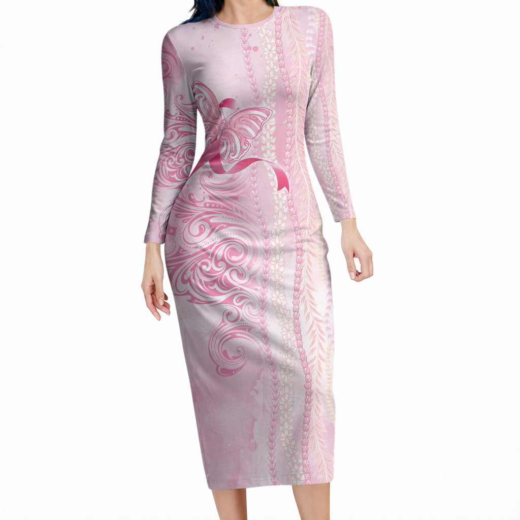 Hawaii Breast Cancer Support Long Sleeve Bodycon Dress Maile Pikake Lokelani Crown Flower Lei Inspired